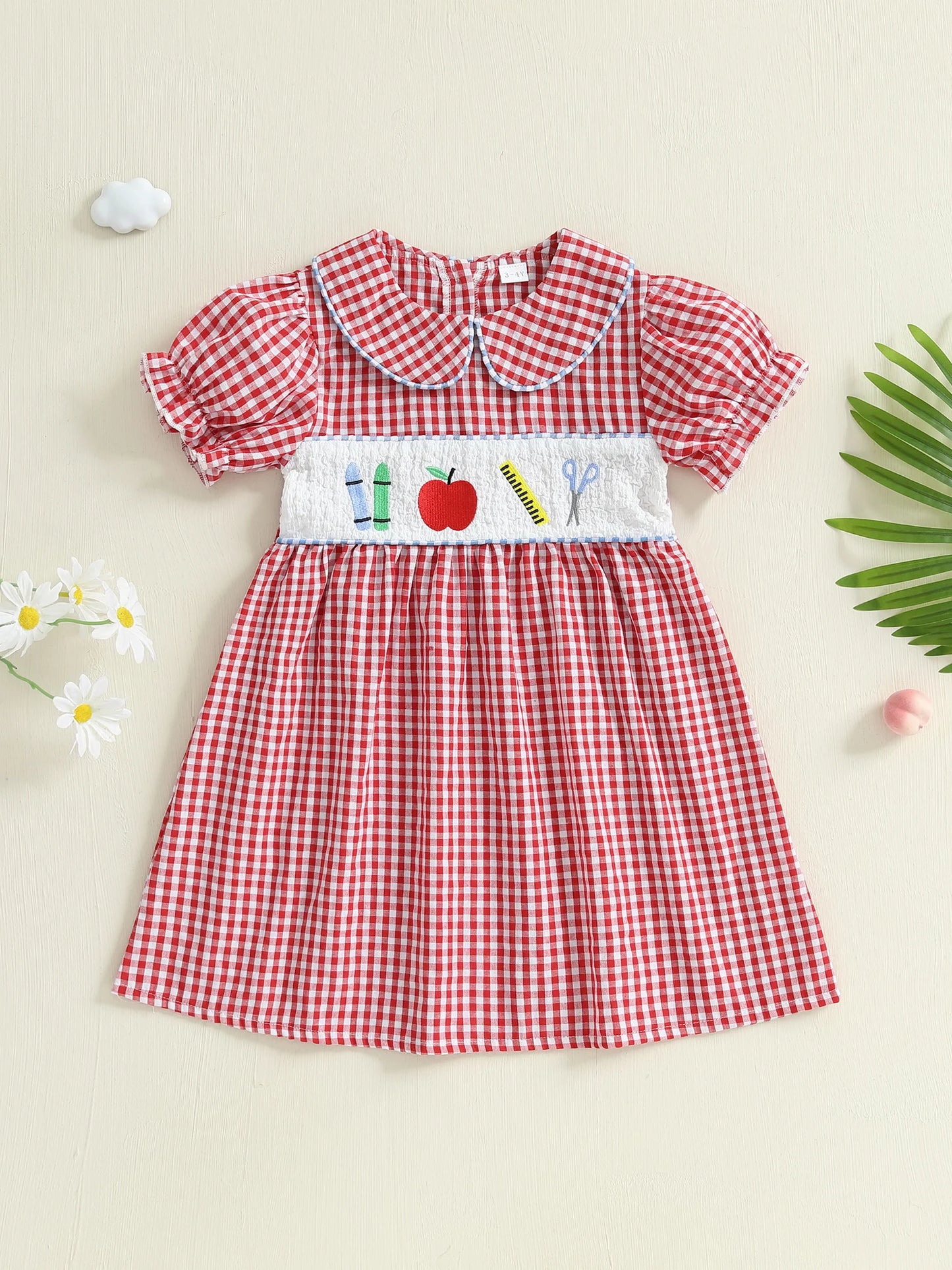 Girl's Back to School Dress - A-Line Embroidered Plaid Doll Collar Bubble Sleeve