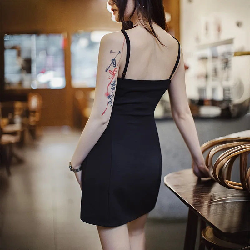 Women's Elegant Black Slip Dress - Backless Midi Summer Dress