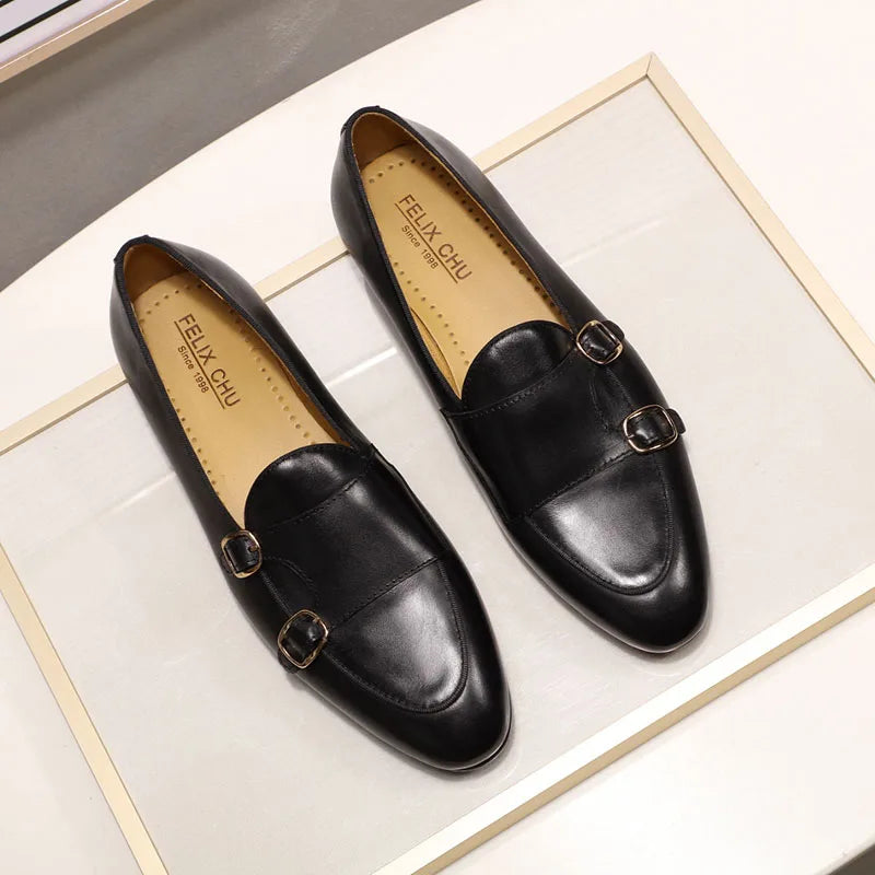 Men's Genuine Leather Loafers Handmade Monk Strap Shoes