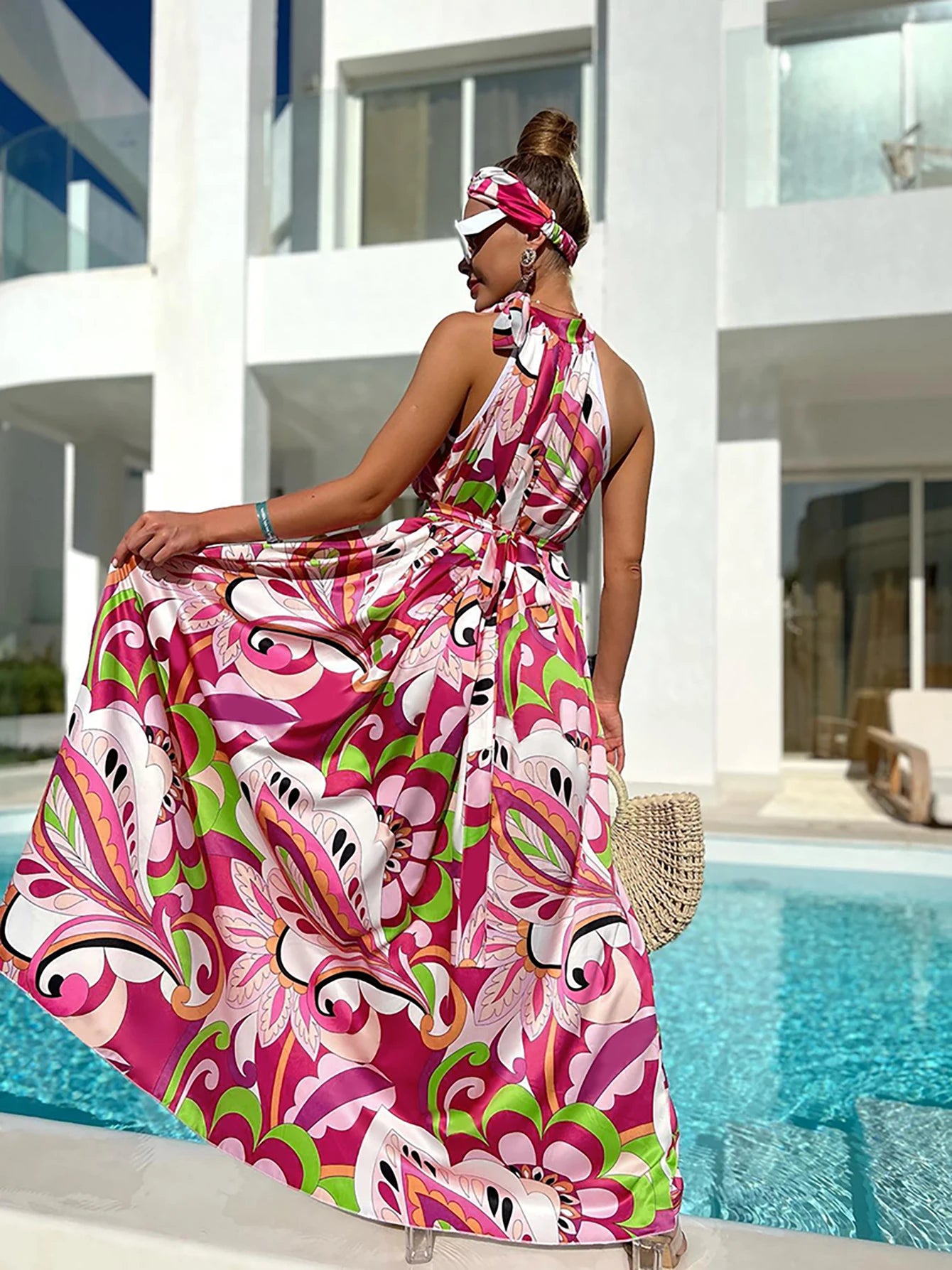 Women's Elegant Floral Printed Long Halter Beach Dress Loose Summer Bikini Cover Up