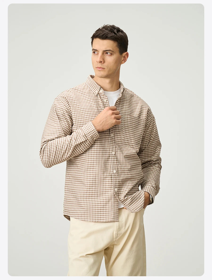 Men's Spring Oversize 170gsm Liquid Ammonia Finish 100% Cotton Fabric Checked Plaid Casual Shirt