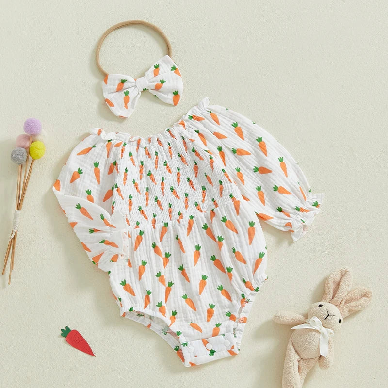 Baby Girls Easter Romper Set - Carrot Print Long Sleeve Jumpsuit with Bow Headband