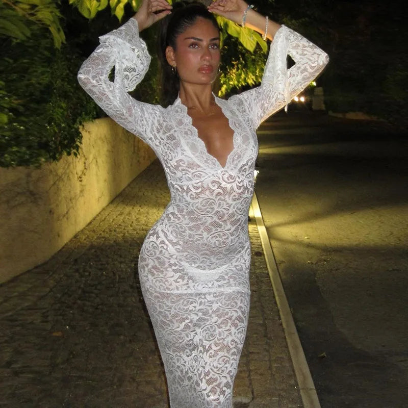 Women's Lace Transparent Hollow Out Maxi Flare Sleeve V Neck Dress