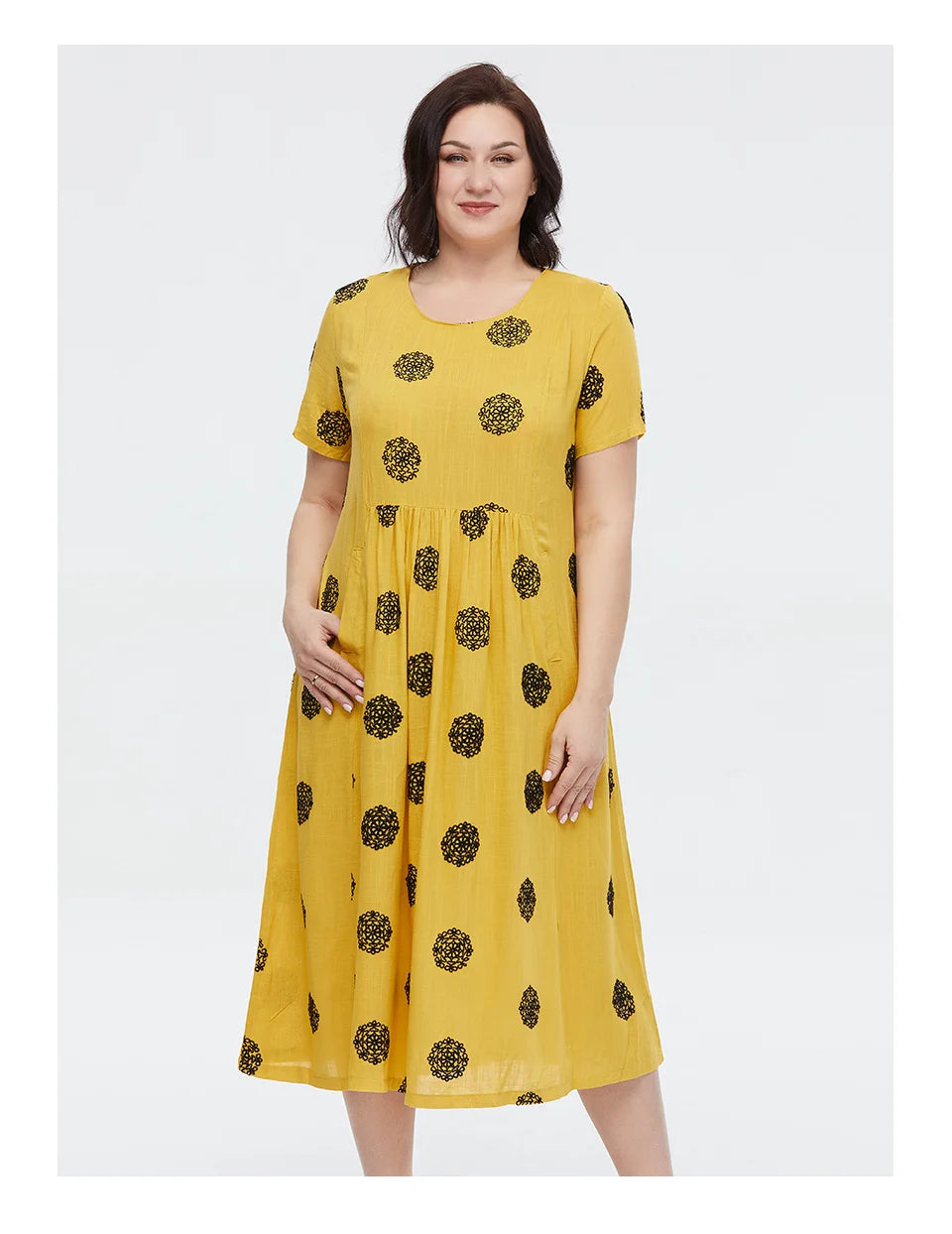 Women's Summer Elegant Cotton Oversize Office Polka Dot Embroidery Design Pocket Long Dress