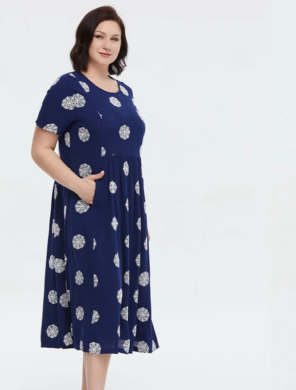 Women's Summer Elegant Cotton Oversize Office Polka Dot Embroidery Design Pocket Long Dress