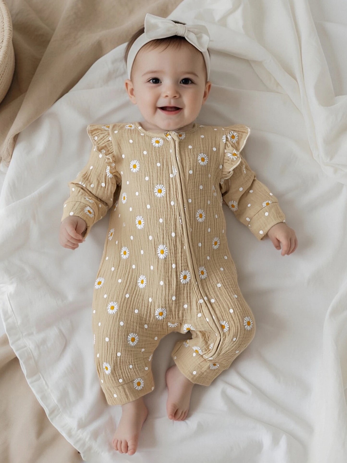 Baby Girls Fall Jumpsuit - Long Sleeve Flower Print Zipper Romper (0-18M)