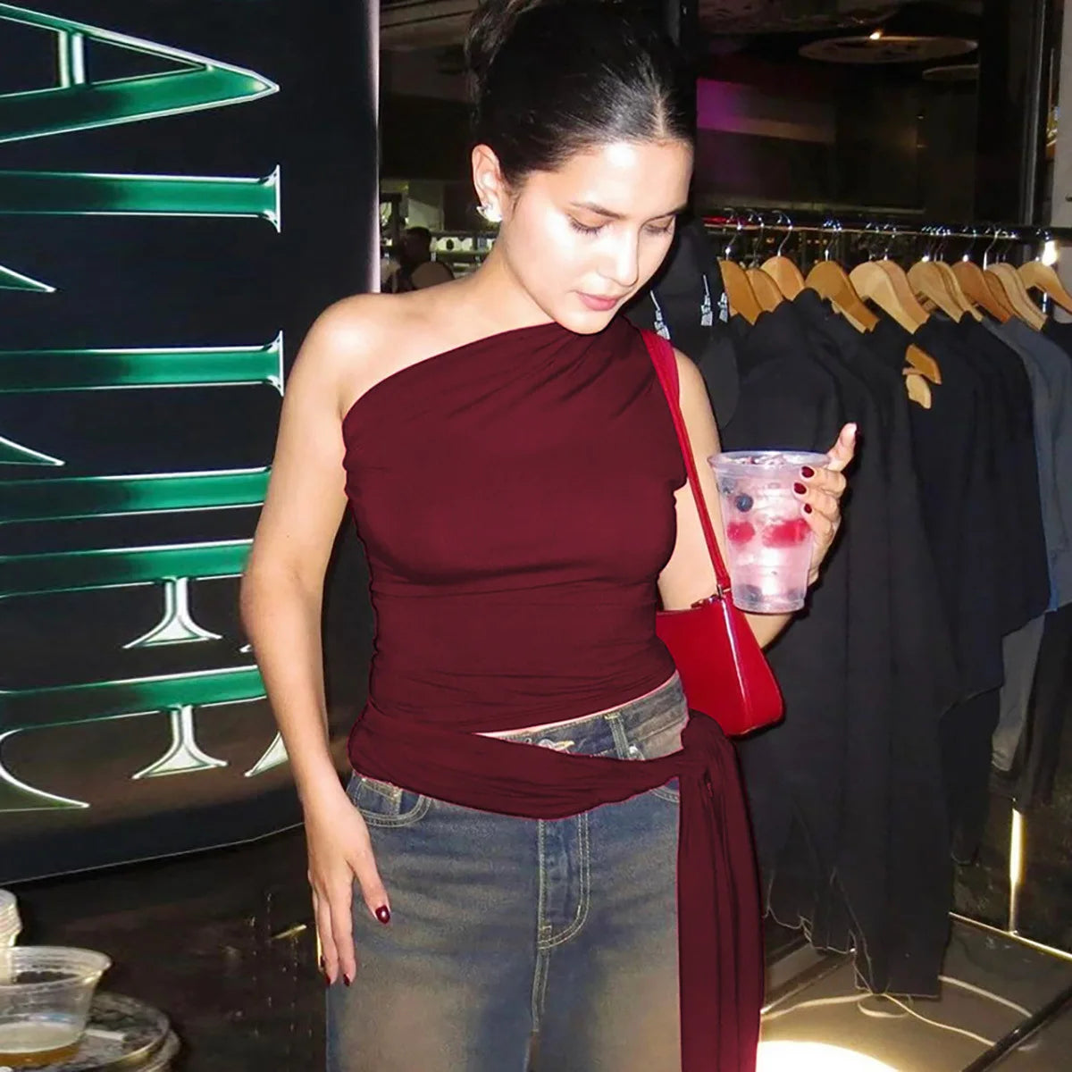 Women's One Shoulder Solid Lace Up Top Summer Outfit Backless Sleeveless Crop Tank Coquette