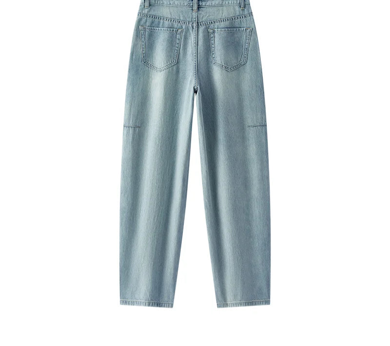Women's Vintage Cotton Wide Leg Jeans - Curved Hem Retro Style