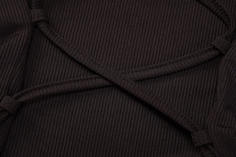 Women's Loose U Neck Ribbed Knit Long Back Bandage Lace Up Fall Flare Sleeve Maxi Dress