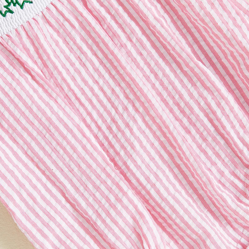 Baby Girls Easter Rabbit Embroidery Romper Dress - Striped Puff Sleeve Outfit