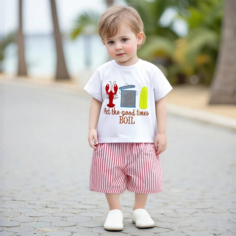 0-7Y Casual Kids Boys Summer Clothes Sets 2pcs Short Sleeve O Neck Lobster Letter Print T Shirts and Striped Shorts