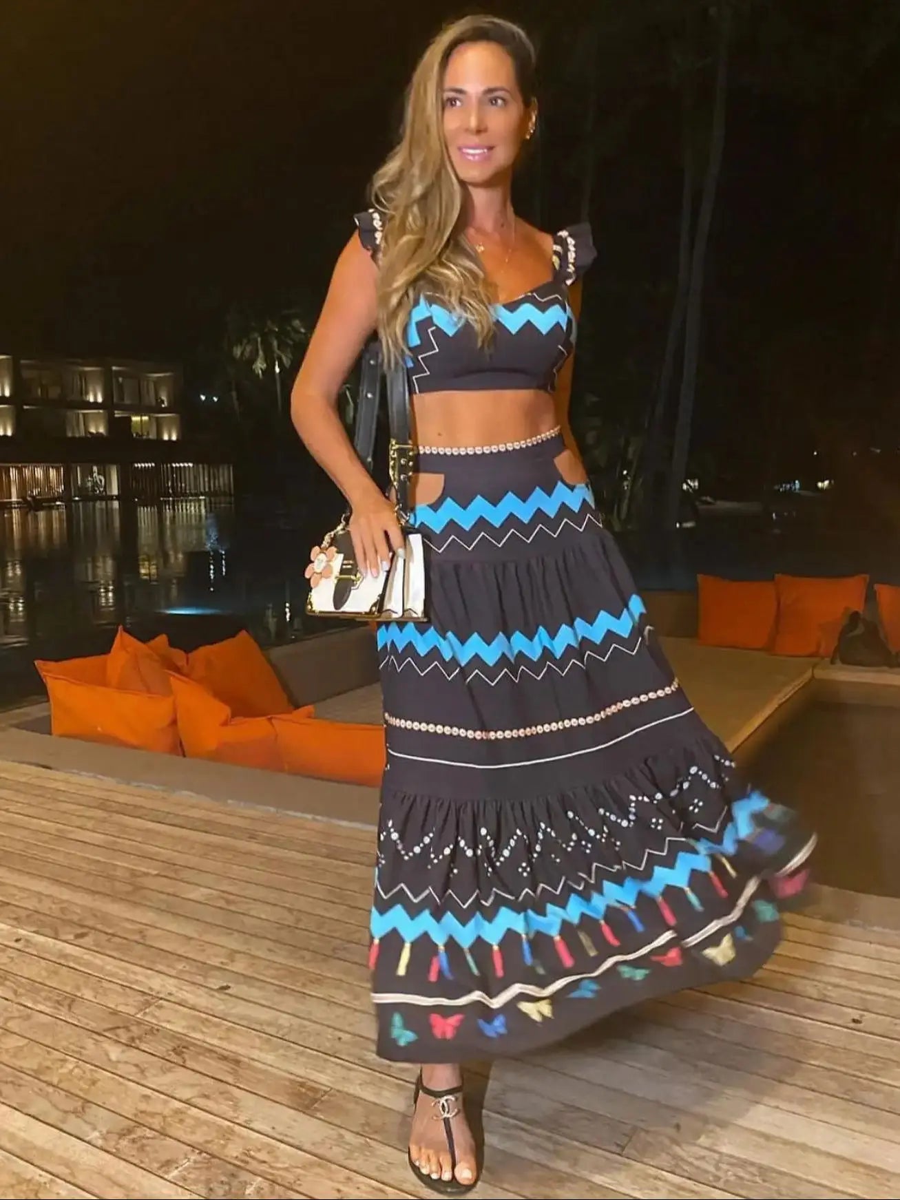 Women's Print Beach Two Piece Skirt White Bra High Waist A-line Long Skirt Beach Set