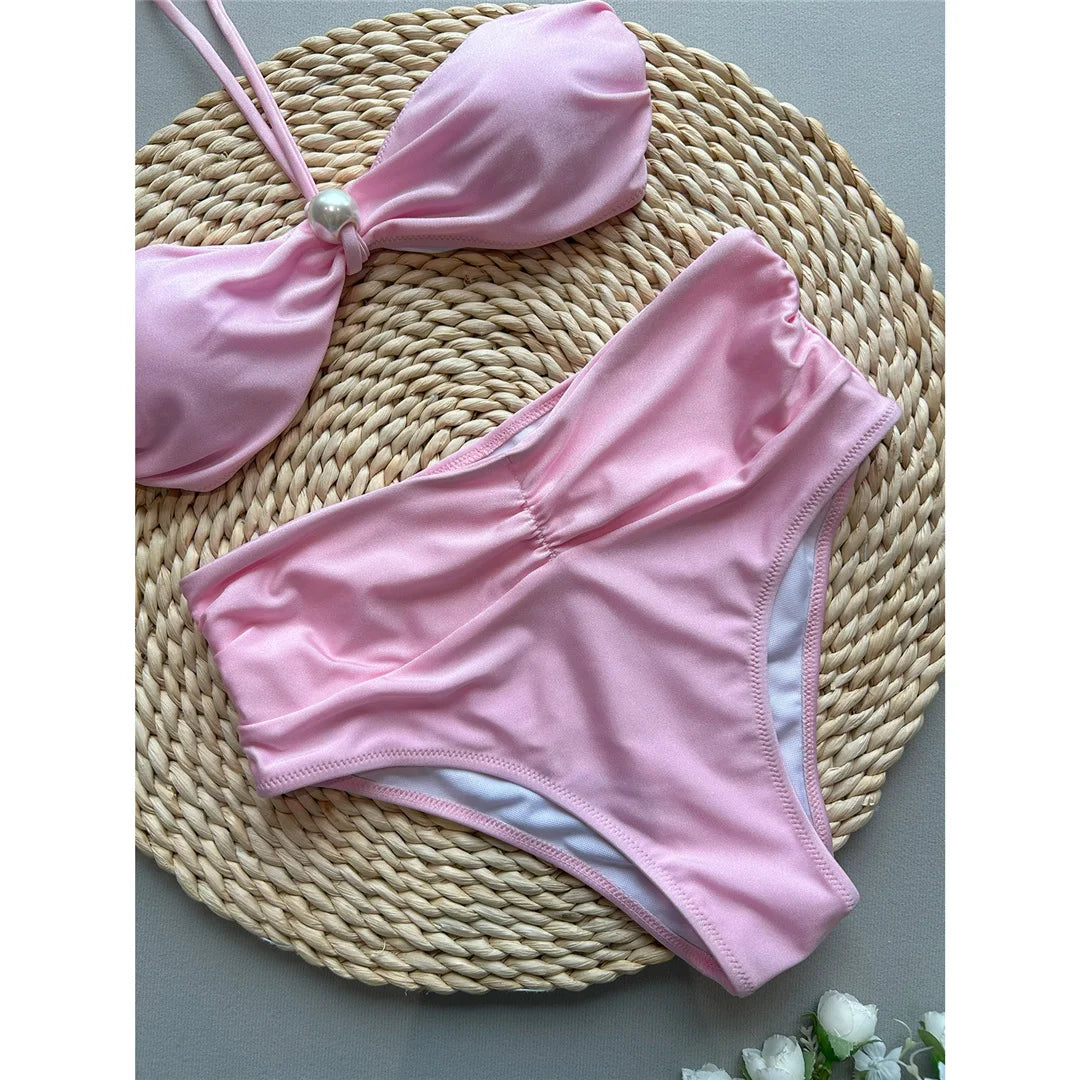 Pearl Detail High Waist Halter Bikini Set