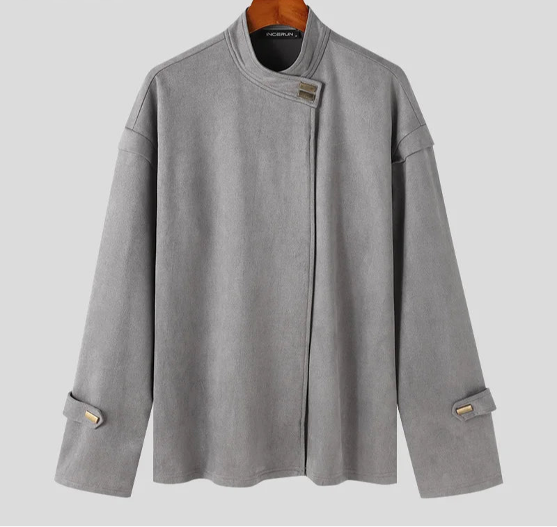 Men's Solid Simple Metal Buckle Design Jacket Coat Long Sleeved Jacket