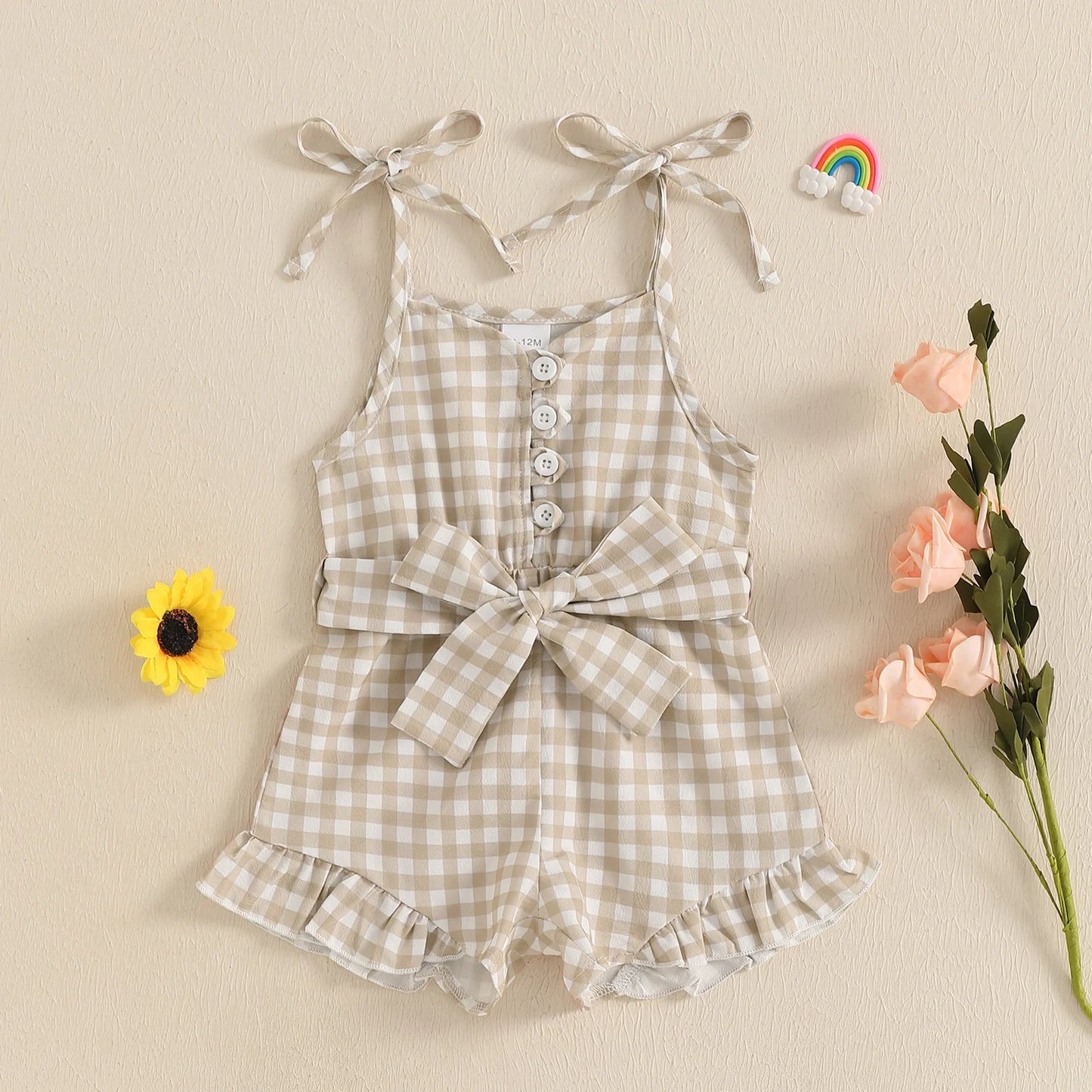 1-5Y Kids Girls Summer Jumpsuit Plaid Print Sleeveless Button Up Ruffle Trim Overalls with Belt