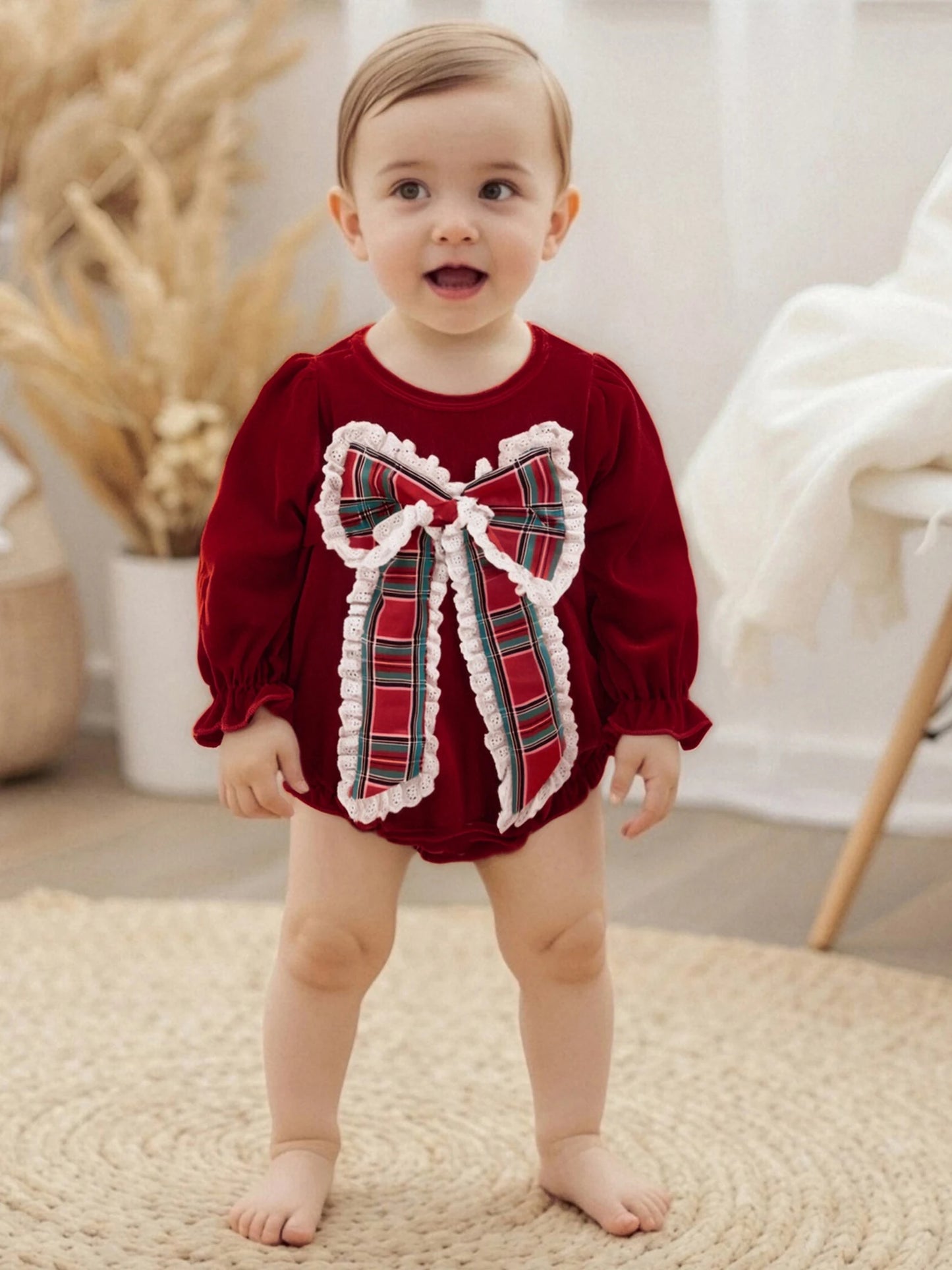 Lovely Baby Velvet Christmas Romper with Plaid Bow (0-18M)