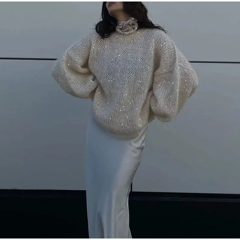 Women's Sequined Mohair Loose Round neck Lantern Long Sleeve Glitter Knitted Pullover Sweater