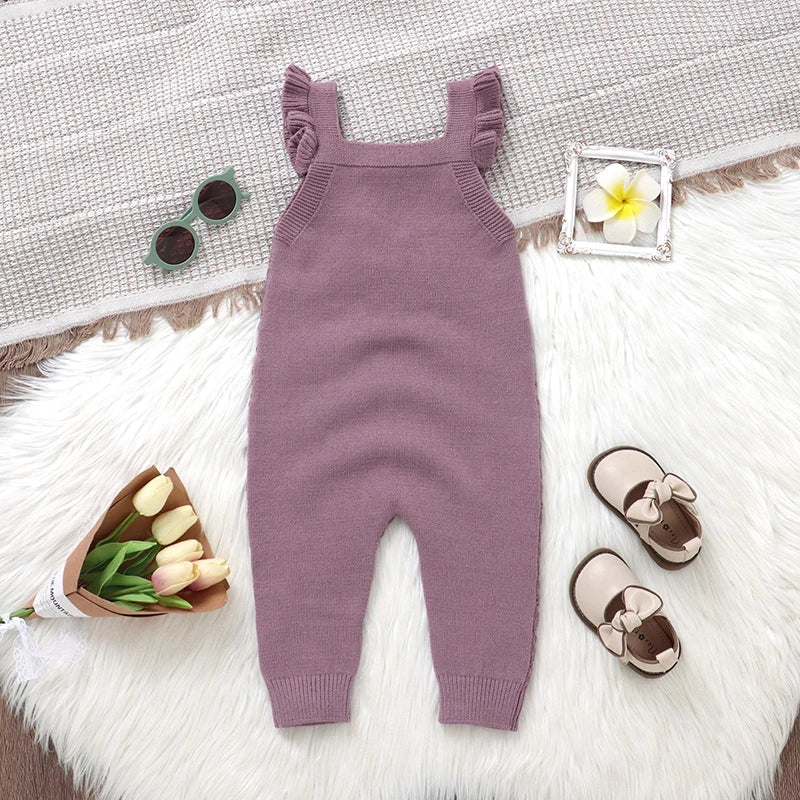 Baby Autumn Romper - Solid Ruffles Fly Sleeve Knit Jumpsuit Overalls Sweater