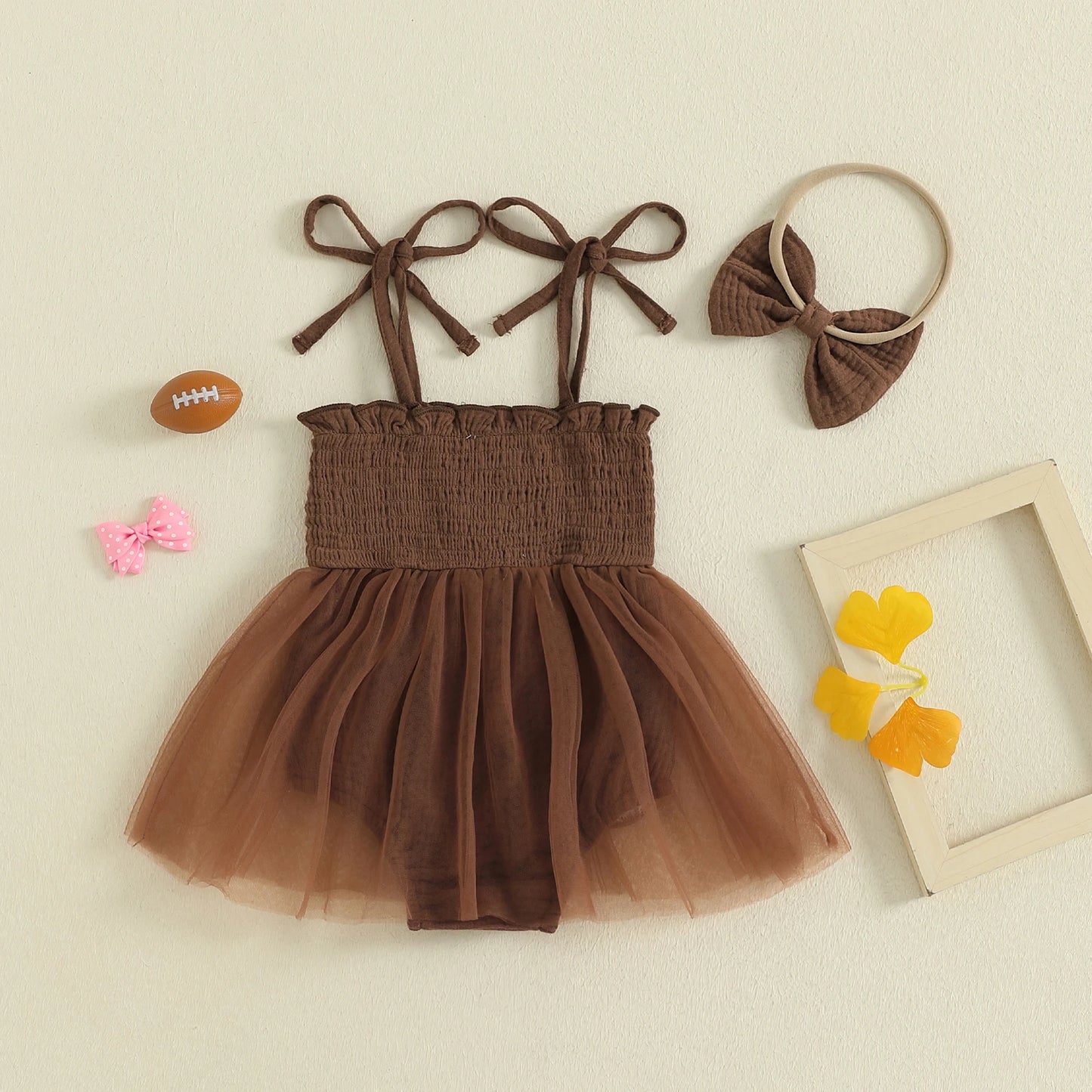 Baby Girls Football Embroidered Romper Dress with Bow Headband (0-18M)