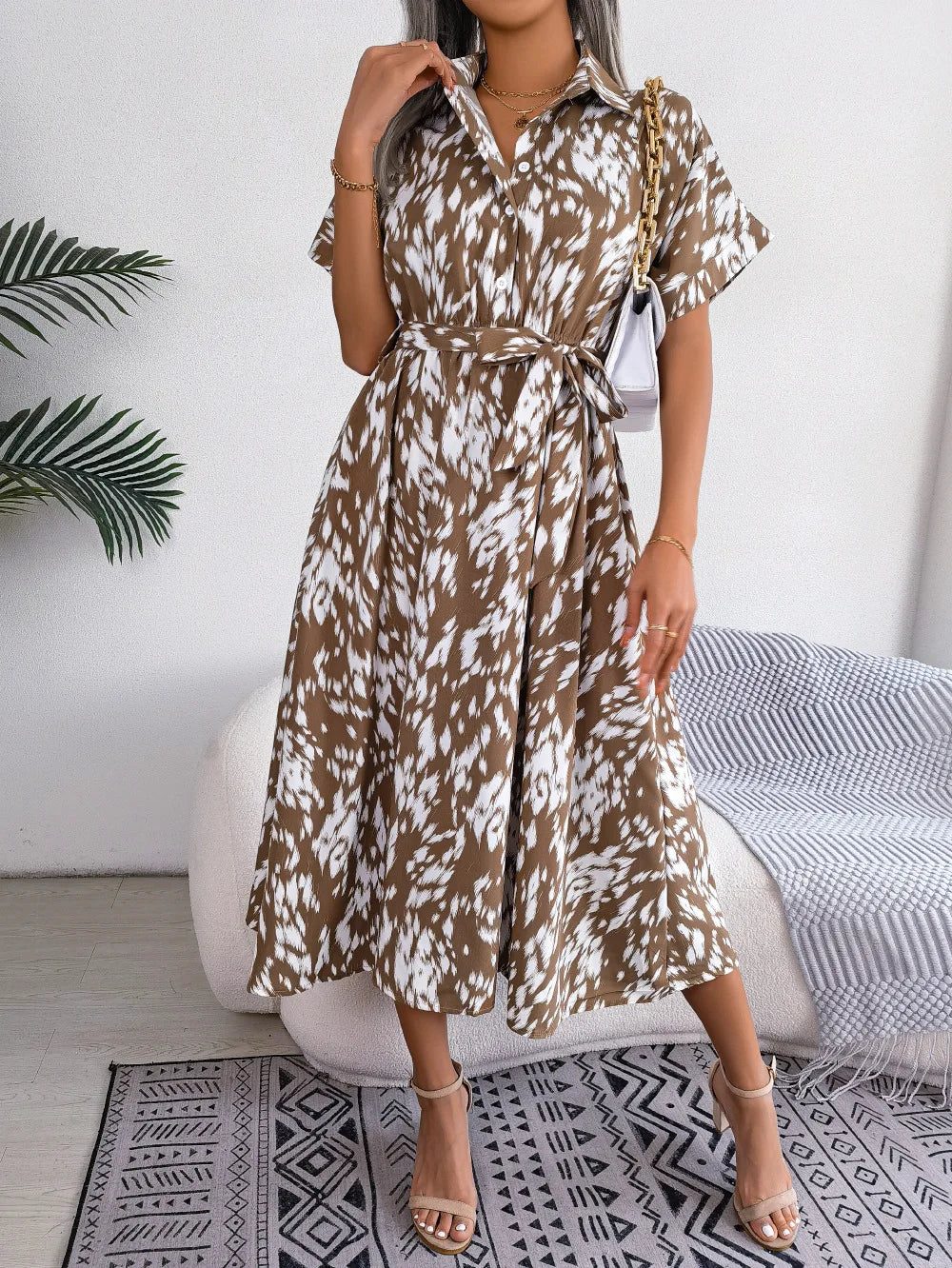 Women's Summer Casual Loose Leopard Lace Up Shirt Chic Dress