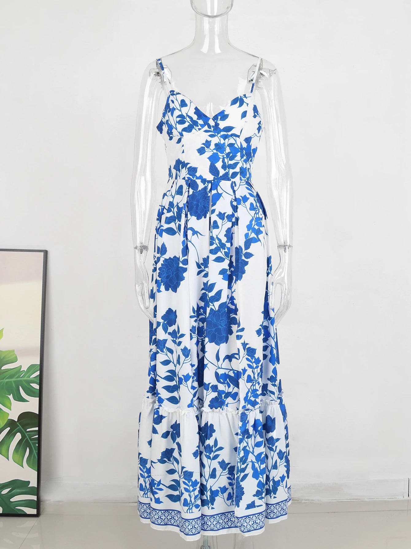 Women's Summer Print Long Lace Up Sling Party Pattern Straps Hollow Out V-Neck Beach Dress