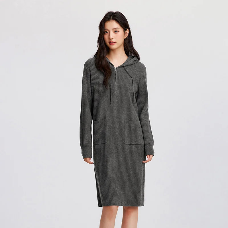 Women's Knit Hoodie Dress - Slim Fit Textured Mid-Length Winter Casual Style