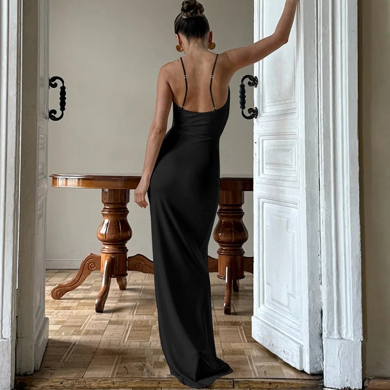 Women's Draped Cut Out Maxi Outfit Gown Backless Solid Plunge Slip Dress