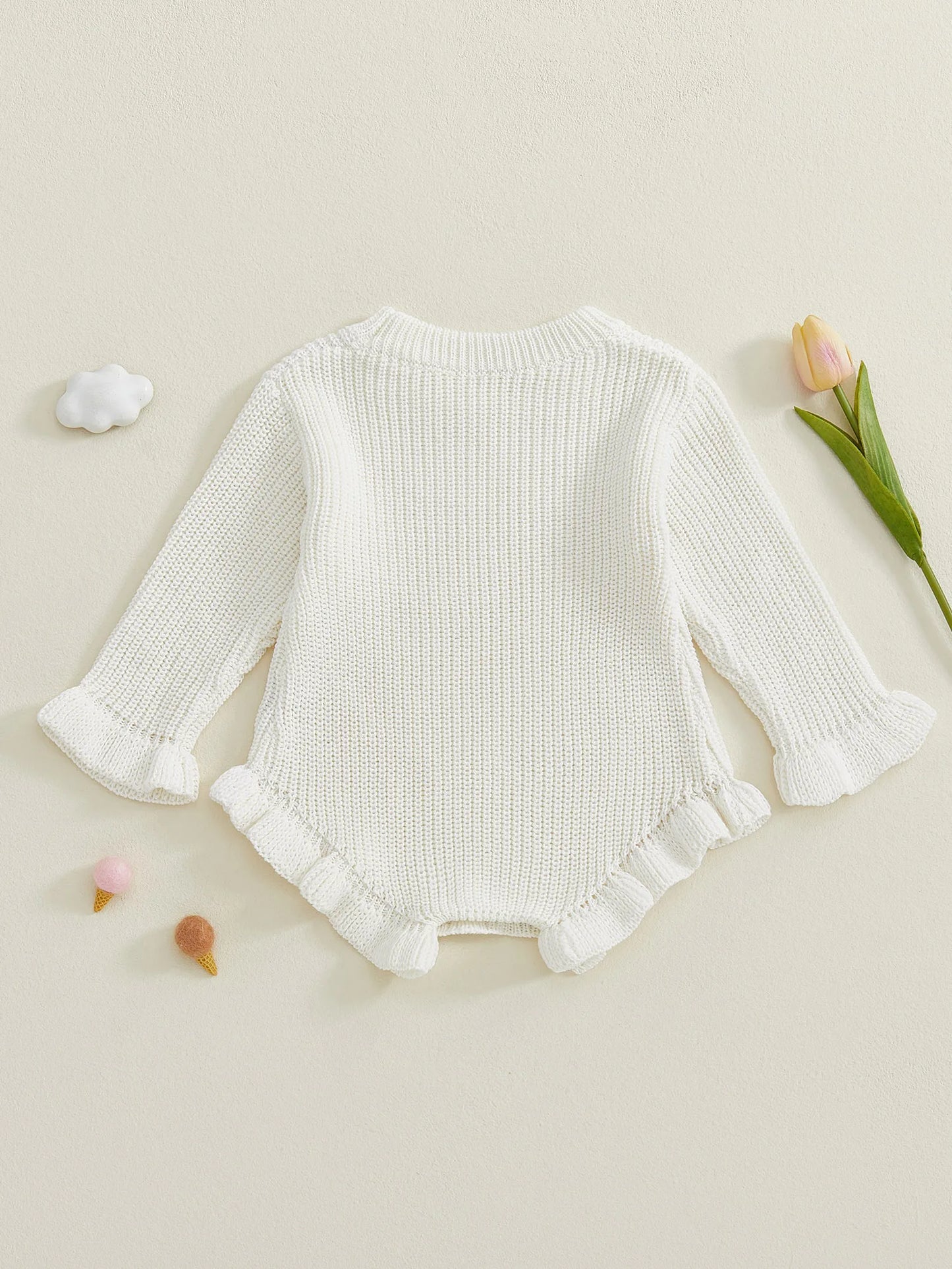Newborn Baby Knit Romper - Long Sleeve Round Neck Ruffled Sweater Jumpsuit