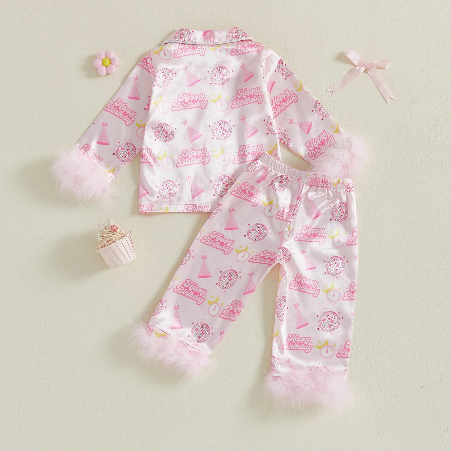 Kids Girls Pyjamas Set - Letter Ball Print Button Down Top & Pants (0-4Y)