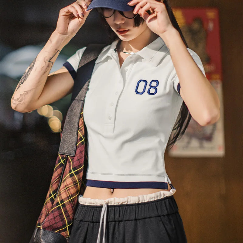 Women's White Embroidered Polo Shirt - Preppy Short Sleeve Tennis Top with Color-Block Design