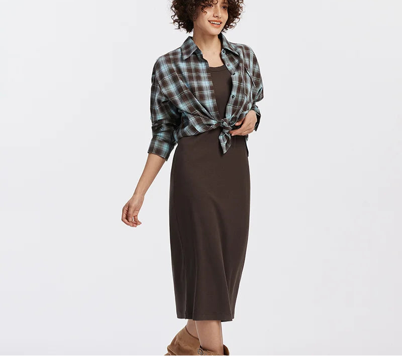 U-Neck Vest Dress & Checkered Shirt Set - Vintage Two Piece Autumn Outfit