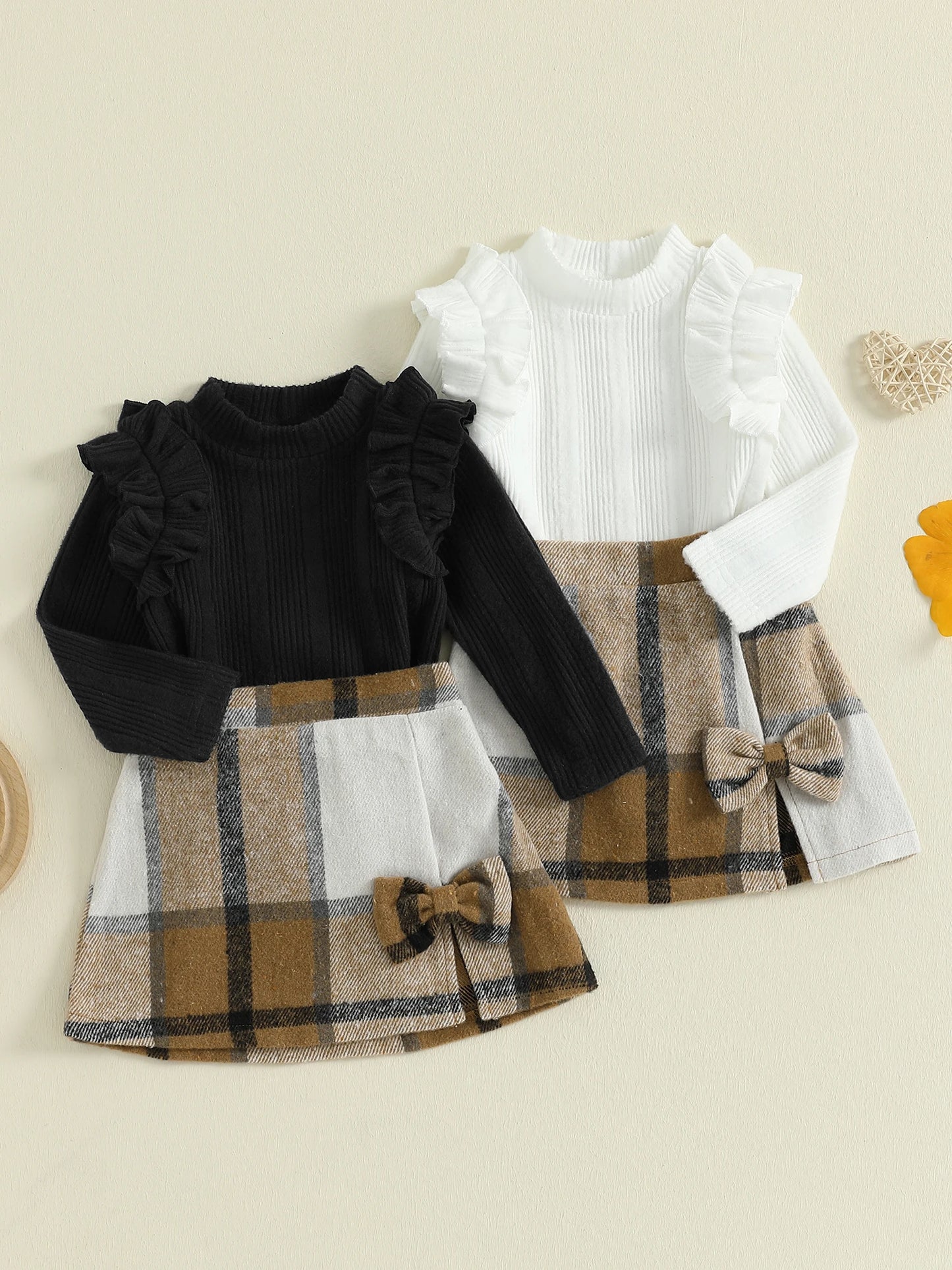 Girl's Skirt Set - Long Sleeve Crew Neck T-Shirt with Plaid Skirt