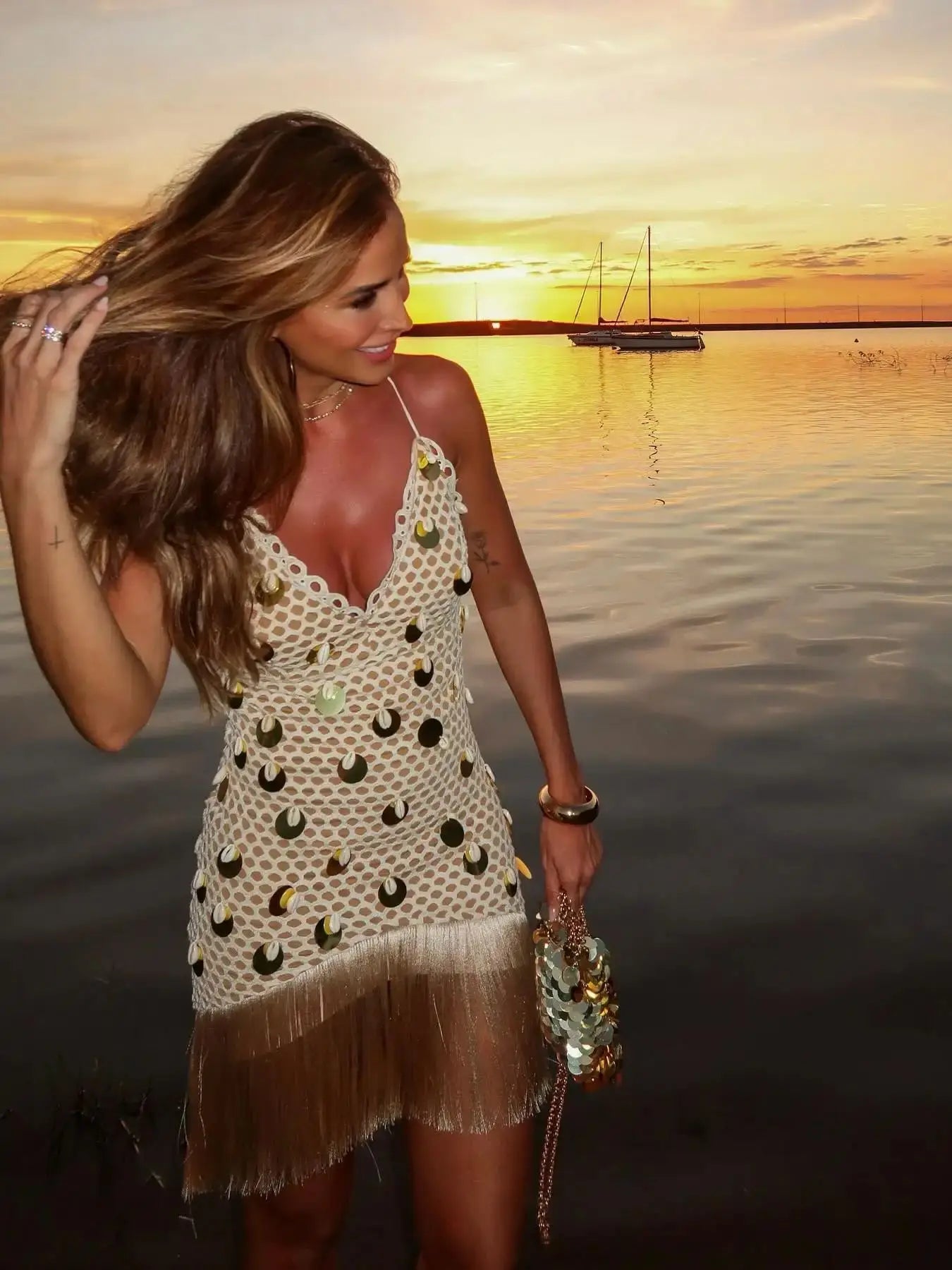 Women's Tassel Detail Mini Dress - Deep V Sleeveless Party Dress with Zipper