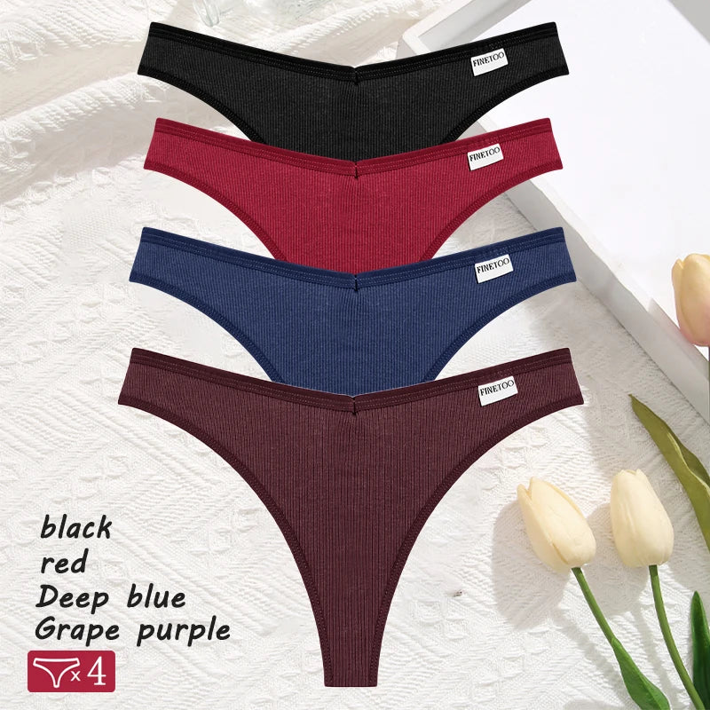 Women's 4Pcs Cotton Striped Solid Underwear V Waist G-string Panties Comfortable Soft T-back Bikini