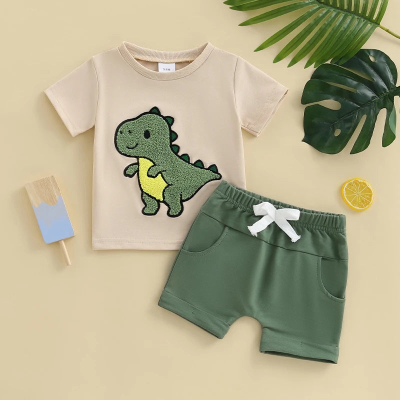0-3Y Toddler Baby Boys Clothes Set Dinosaur Embroidery Short Sleeve T-shirts Solid Elastic Waist Shorts