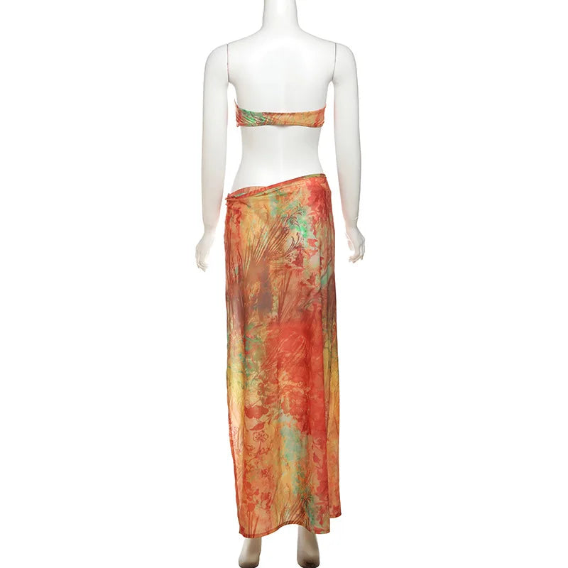 Women's Summer Beachwear Print 3 Piece Set Strapless Top Backless Split Skirt Bikini Dress Set
