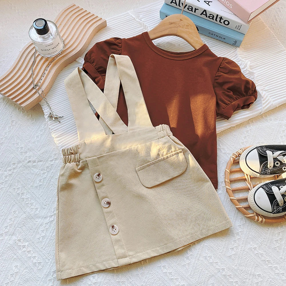 Girl's Summer Puff Sleeve T-Shirt Button Strap Skirt Two Piece Set