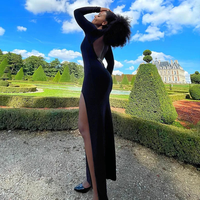 Women's Cut Out Chain Backless Maxi Party Club Long Sleeve Slit Long Dress