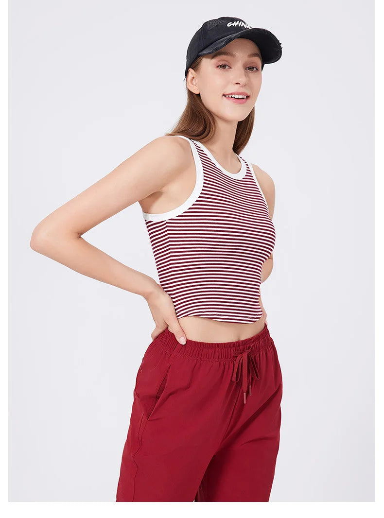 Women's Sleeveless Gym Crop Top Summer Stripes Running Vest With Chest Pads Breathable Quick Dry Sportswear Workout Vest