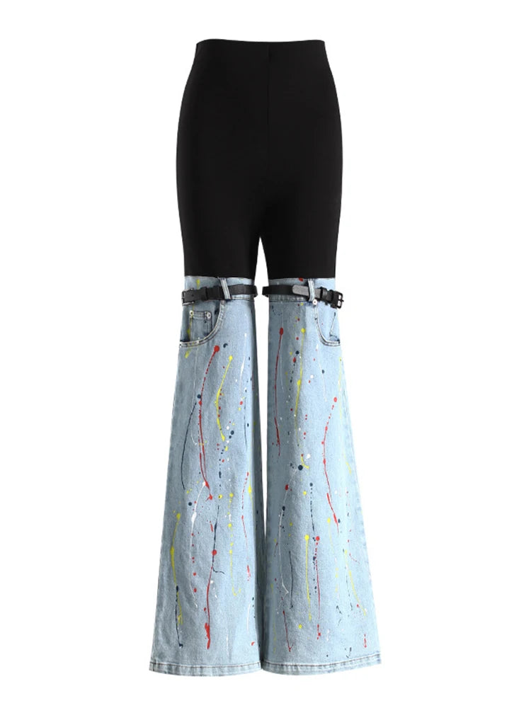Women's Hit Colour Temperament Spliced Belt Denim Trousers