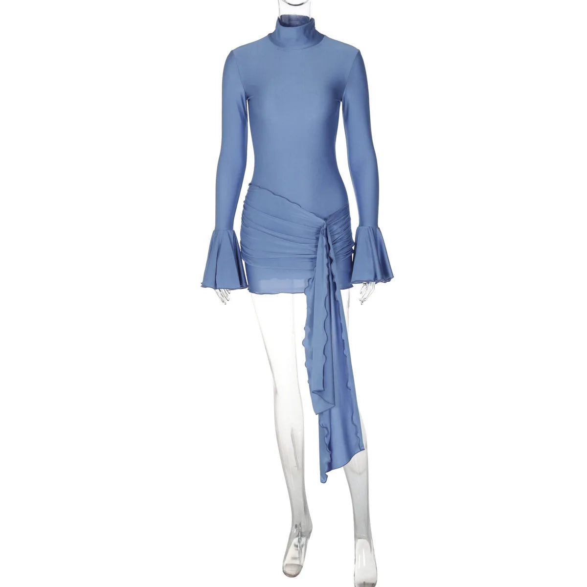 Women's Ruched Long Sleeve Wrap Mini Flare Sleeve Party Club Fall Outfit Bodycon Dress