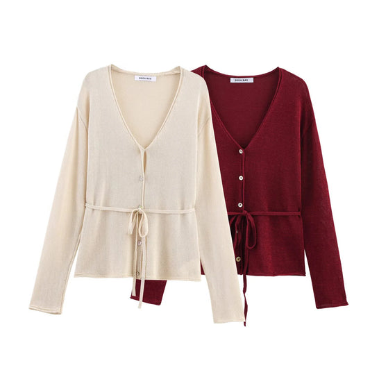 Women's Linen Blend V-Neck Long Sleeve Knitted Jacket - Versatile Summer Cardigan