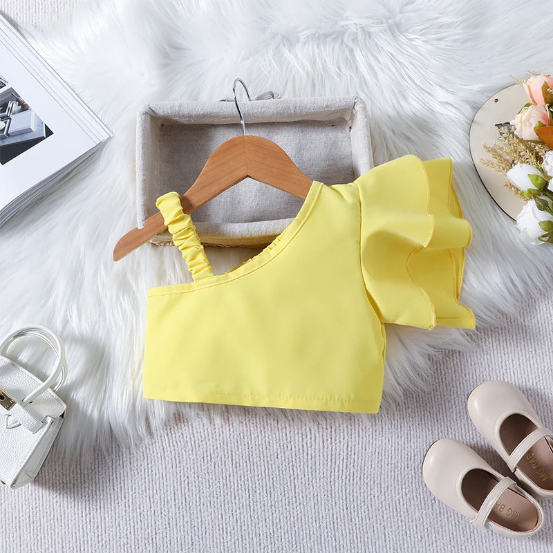 1-6Y Kids Girls Clothes Set Ruffles One Shoulder Sleeveless Vest with Solid Shorts Summer Outfit