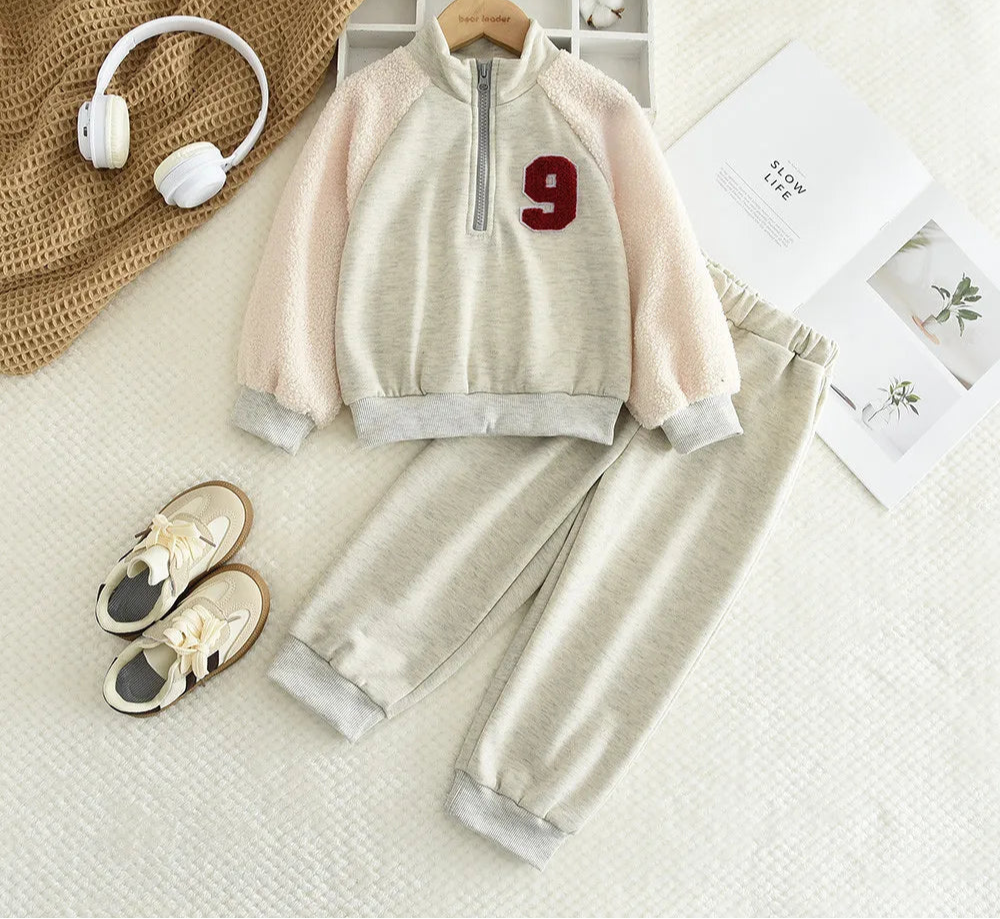 Children's Boy's Girl's Wool Patchwork Long Sleeves Sweatshirt and Pants Zipper Set