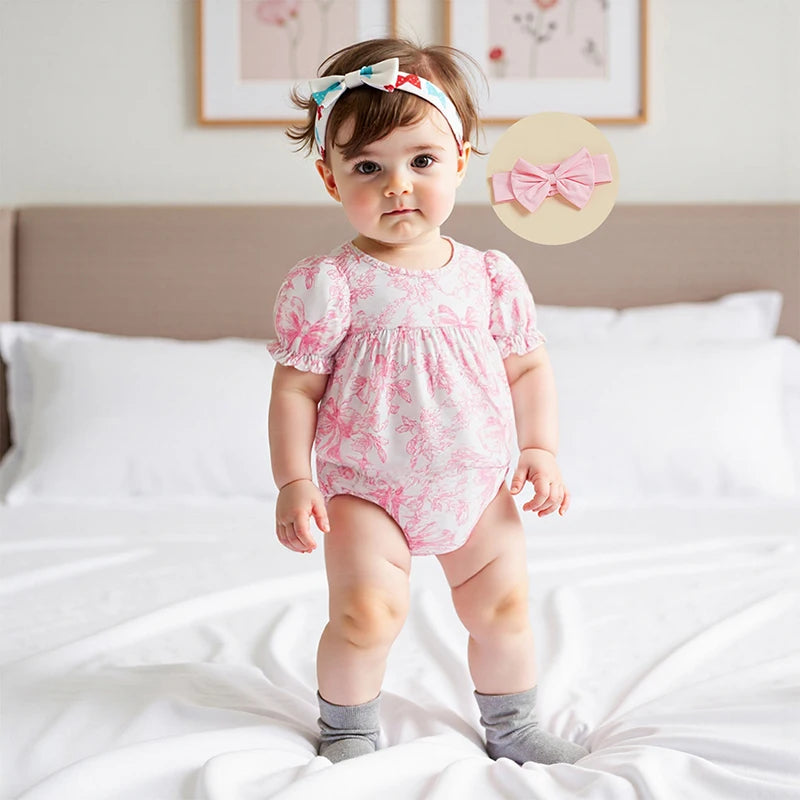Baby Girls Bow Print Romper with Headband Set (0-18M)