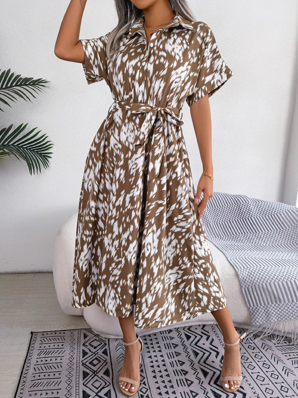 Women's Summer Casual Loose Leopard Lace Up Shirt Chic Dress