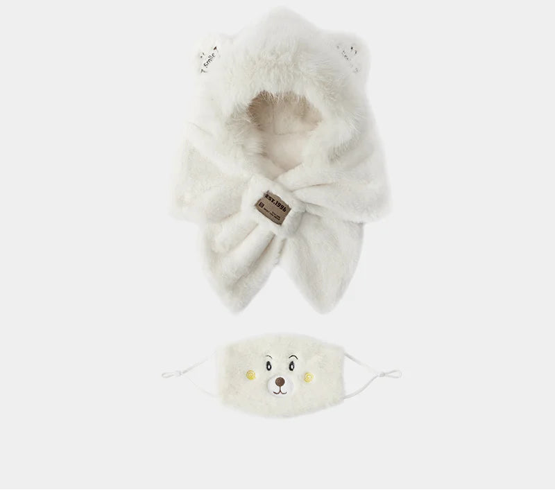 Cute Bear Hooded Scarf and Mask Set - Plush Warm Winter Accessory