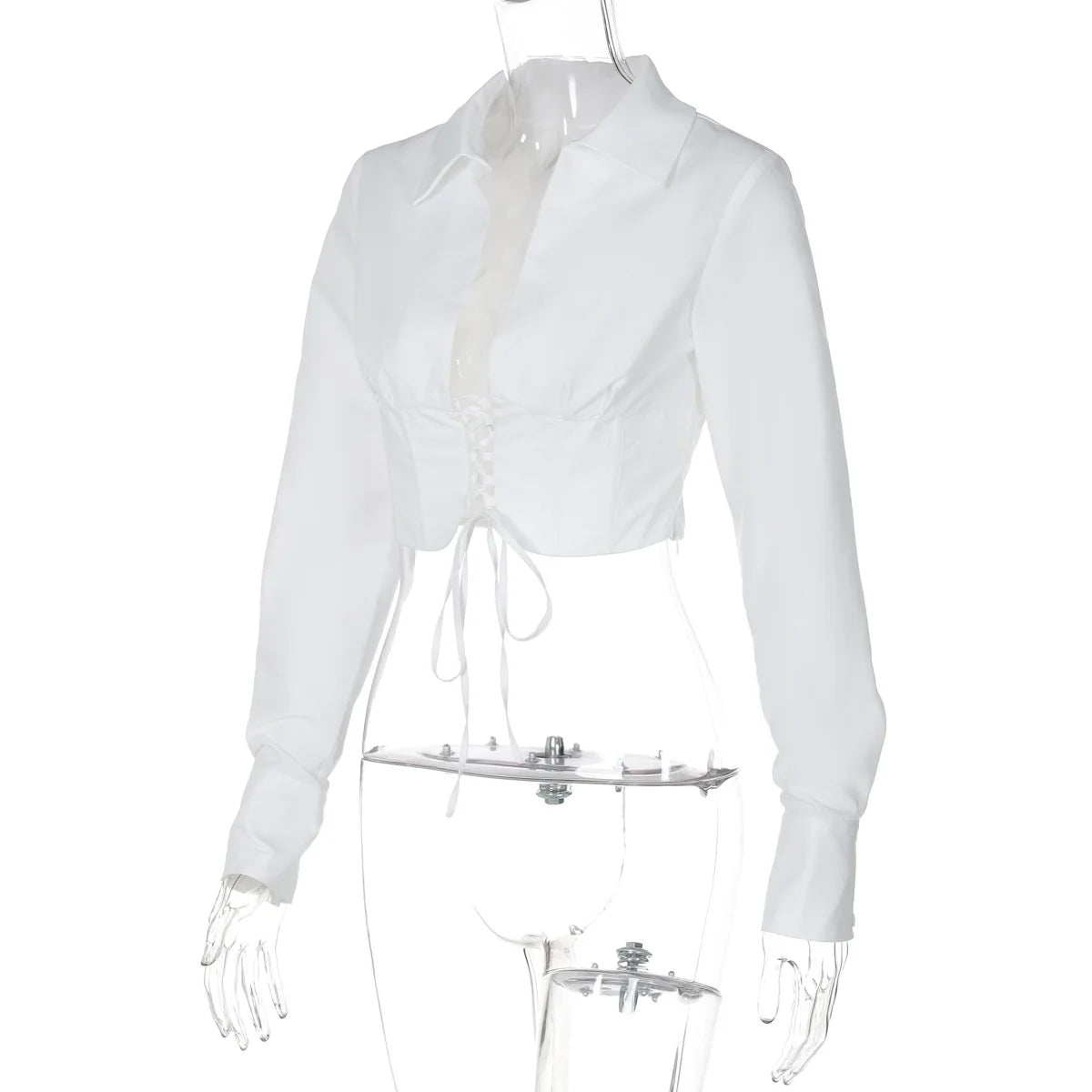 Women's Lace Up White Tie Front Top Shirt Blouse Long Sleeve Cropped Top