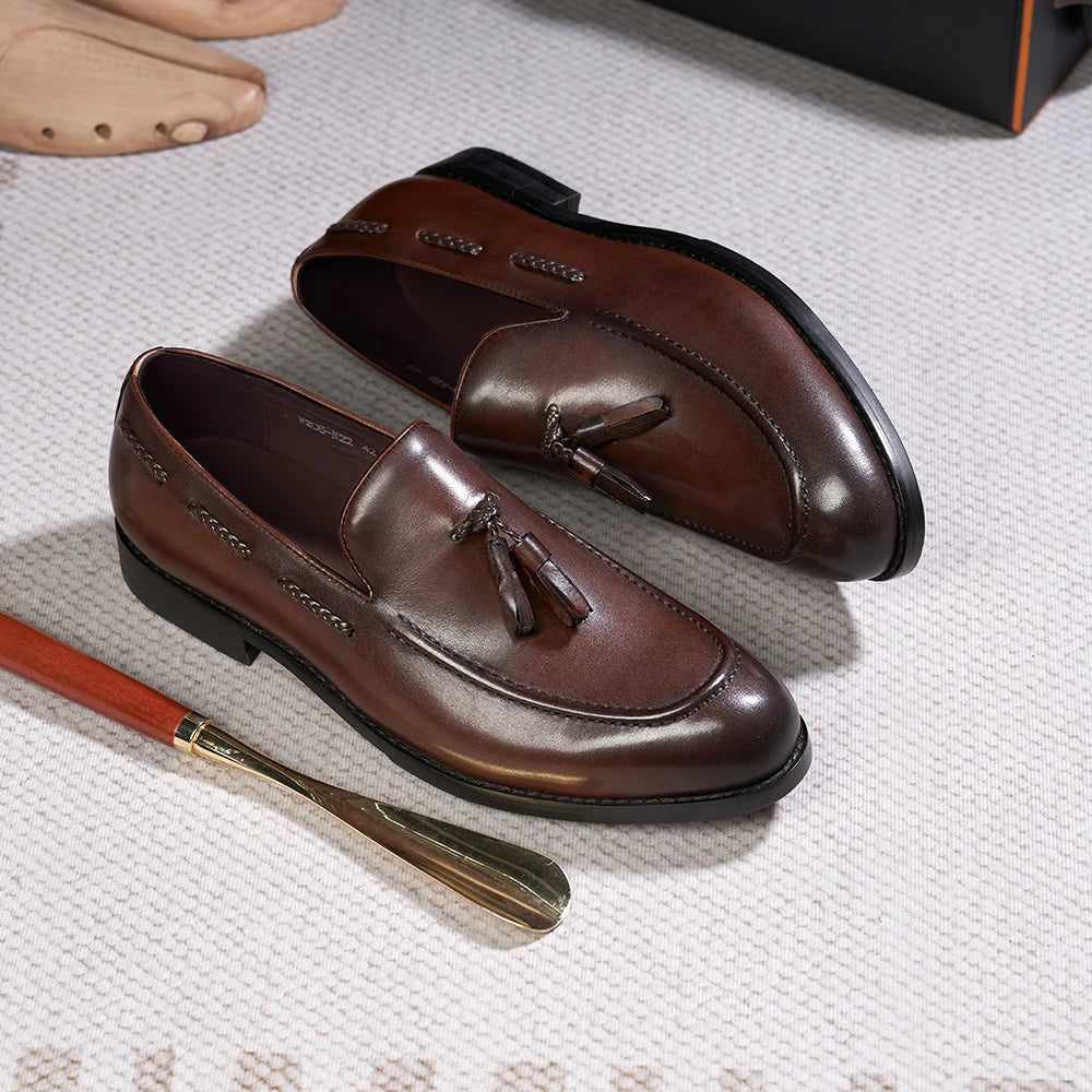 Classic Men's Tassel Loafers Genuine Leather Handmade Slip on Comfortable Office Wedding Shoes