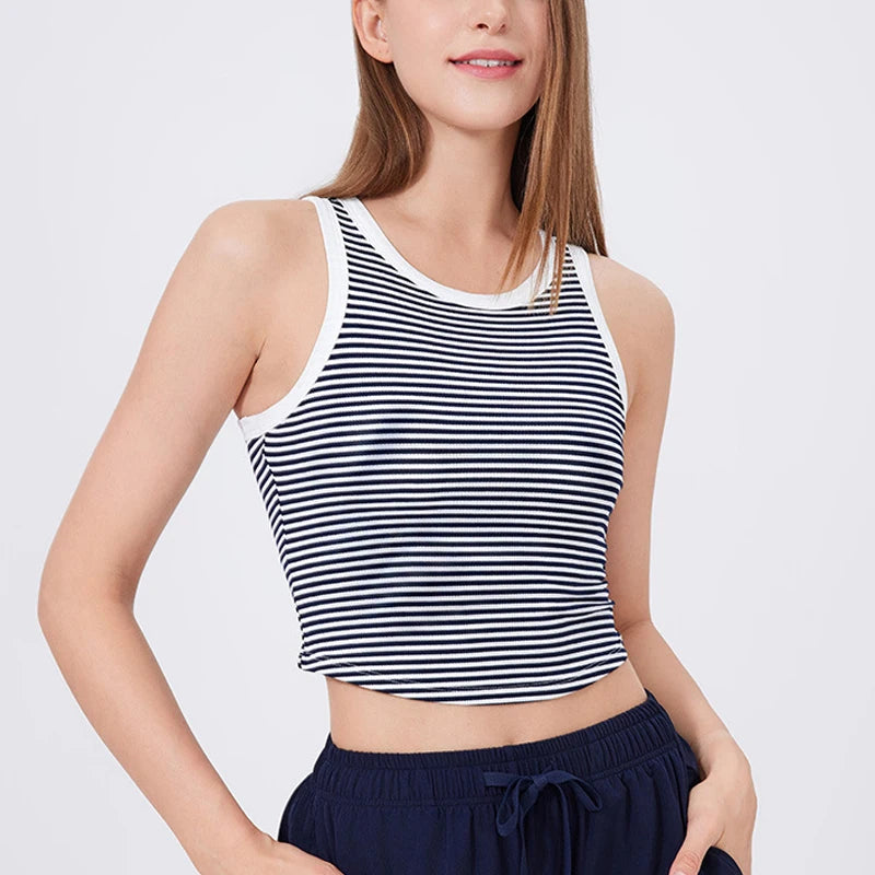 Women's Sleeveless Gym Crop Top Summer Stripes Running Vest With Chest Pads Breathable Quick Dry Sportswear Workout Vest